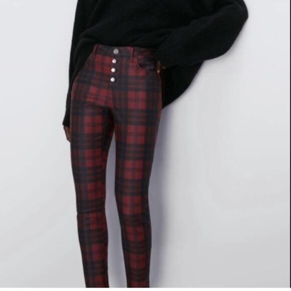 Zara Red and Black Plaid Check Skinny Pants Jeans Trousers Size - Picture 1 of 7